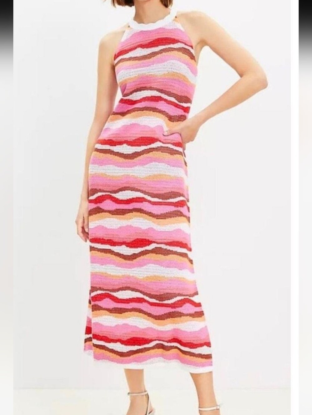 Loft Striped Crochet Halter Maxi Dress in Pink & Brown Tones